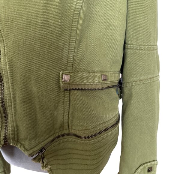 Green Studded Moto Jacket With Asymmetrical Zipper Womens M Cotton Blend Edgy De - Picture 2 of 9